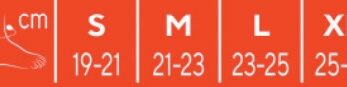 Tableau des tailles de chaussures Pé Basic TH sur fond rouge avec icône de pied : Tailles en cm - P (19-21), M (21-23), G (23-25), GG (25-27).