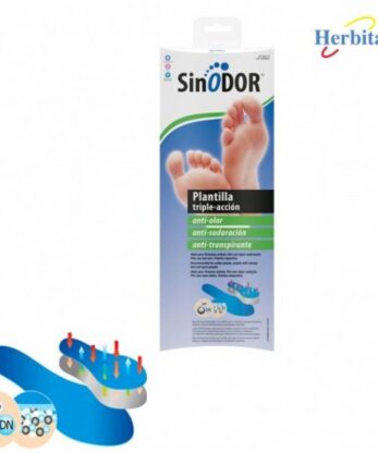 Un paquete de Plantillas Antiolor Triple Acción con un par de zapatos.