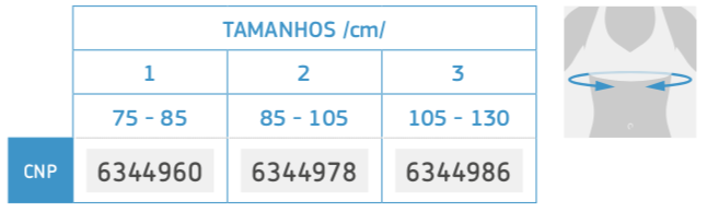 Correcteur élastique dorsal renforcé et respirant : tableau des tailles de poitrine en cm-75-85 (T1, CNP 168.715.3), 85-105 (T2, CNP 168.716.1), 105-130 (T3, CNP 168.717.0) - avec diagramme illustrant la mesure de la poitrine.