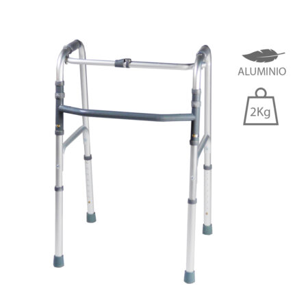 The folding aluminum walker, the Articulated and Retractable 3-Bar Walker, has adjustable legs and a weight capacity symbol of 2 kg.