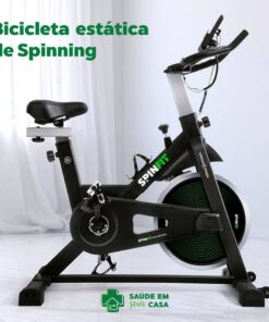 Uma Bicicleta Estática de Spinning preta e verde.