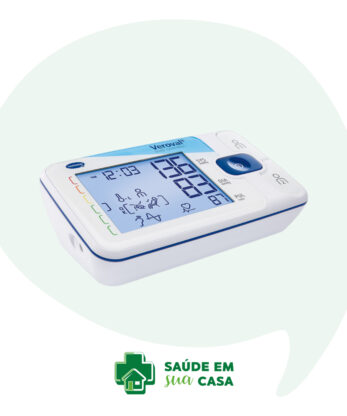 El tensiómetro Veroval Duo Control, con una gran pantalla para las lecturas, se muestra sobre un fondo blanco con un logotipo sanitario verde y texto en portugués.