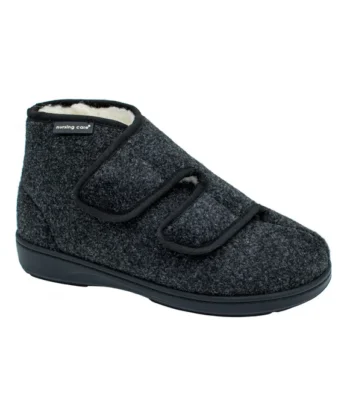 La botte Eucalyptus est une botte orthopédique à semelle unique gris foncé avec deux bandes Velcro et une semelle noire, conçue pour le confort et le soutien.