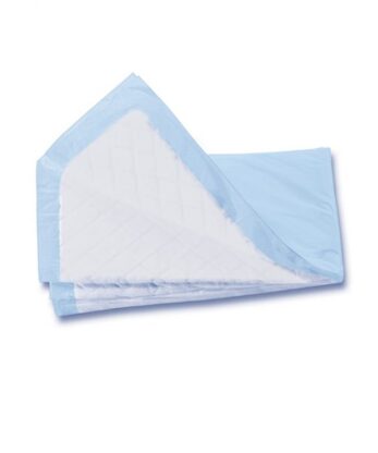Resguardo AMD Pad descartável, tamanho 60x90 cm, com centro absorvente branco e suporte impermeável azul claro, parcialmente dobrado para mostrar os dois lados. A embalagem contém 30 unidades.