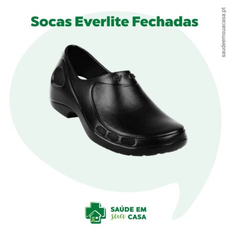 Um sapato preto com as palavras Socas WOCK Everlite Fechada.