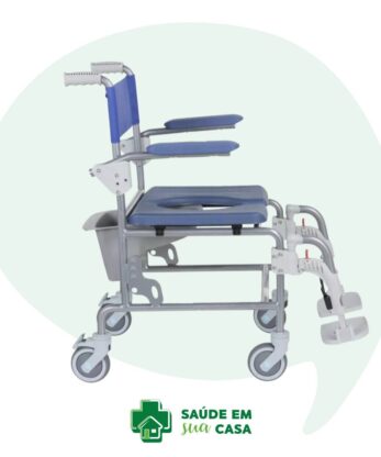 Silla de baño de acero inoxidable azul Antarctica con ruedas y burbuja de diálogo.