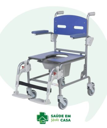 Descripción: Silla de baño de acero inoxidable Antarctic, azul con ruedas y cara sonriente.