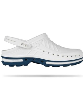 Sabots WOCK pour hommes, blancs et bleus, avec boucle de ceinture.