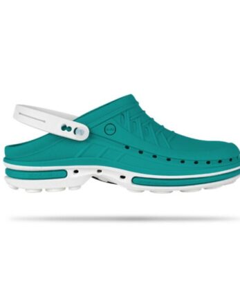 Sabots WOCK pour femmes en sarcelle et blanc.