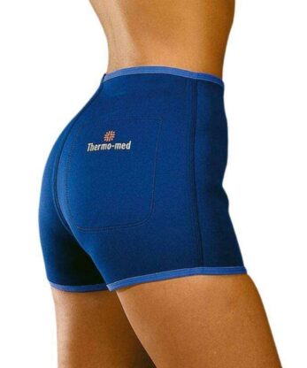 Pantalón corto de neopreno azul para mujer con bolsillo lateral.