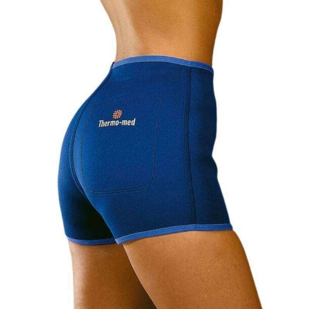 Pantalón corto de neopreno azul para mujer con bolsillo lateral.