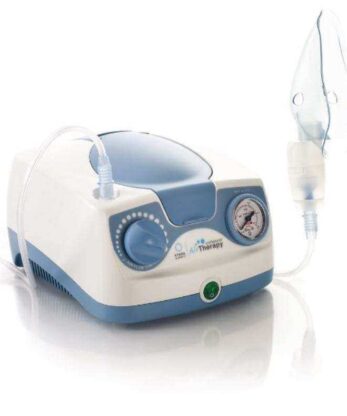 Aérosol professionnel, de couleur blanche et bleue, muni d'une pompe.