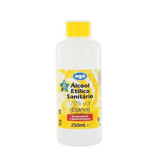 Frasco de 250ml de shampoo Álcool Sanitário 70% 250 ml, colocado sobre fundo branco.