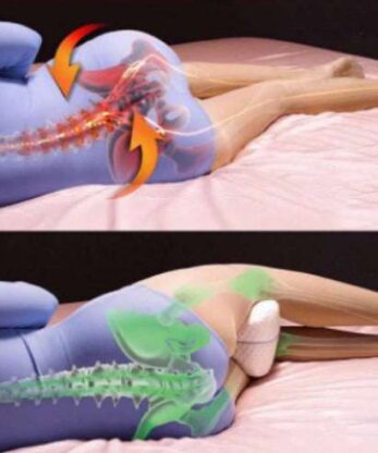 Dos fotos de un cojín ortopédico para piernas de mujer recibiendo un masaje.