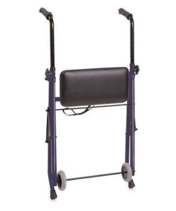 Descripción: Andador con 2 ruedas y asiento azul.