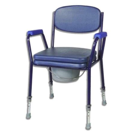 Uma cadeira sanitária fixa Cômoda azul com assento azul.