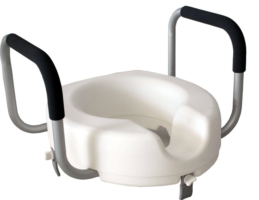 A Toilet Lift with Armrest with black handles.