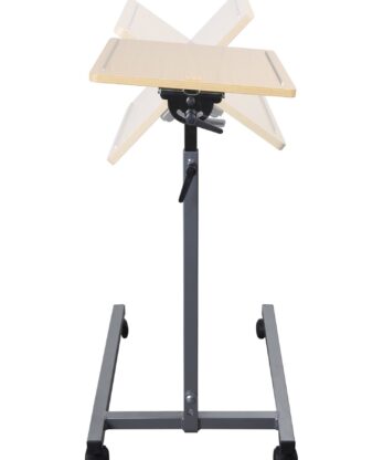 Una mesa esquinera sobre un lecho de melamina con arandelas y tablero de madera.