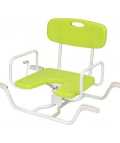 Un fauteuil pivotant à cuve verte avec une assise blanche.