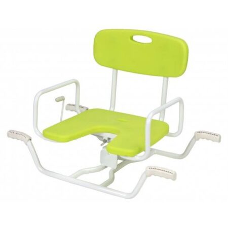 Uma cadeira giratória para banheira verde com assento branco.
