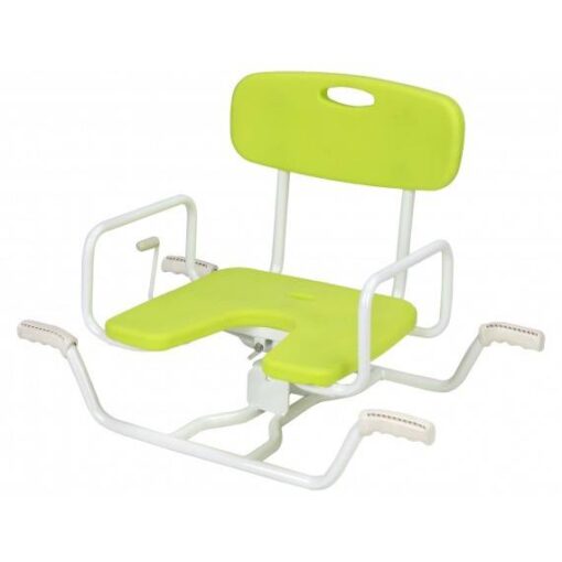 Un fauteuil pivotant à cuve verte avec une assise blanche.