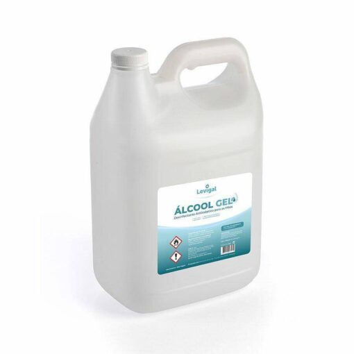 Á Recipiente de 5L de Álcool Gel 70% 5L, colocado sobre fundo branco.