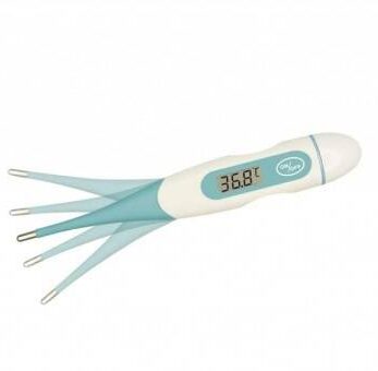 Um Termômetro Dig azul e branco. Ponta Flex. Impermeável sobre fundo branco.