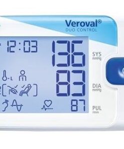 Um monitor digital de pressão arterial Veroval Duo Control em um fundo branco.