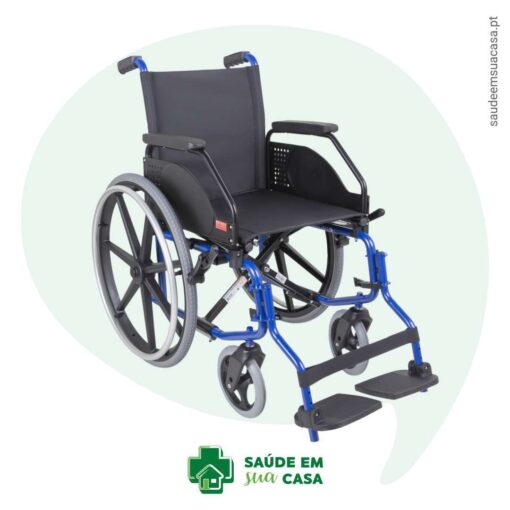 A compact wheelchair with blue wheels and a speech bubble.