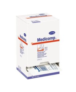 Boîte de compresses stériles Medicomp - 2 unités sur fond blanc.