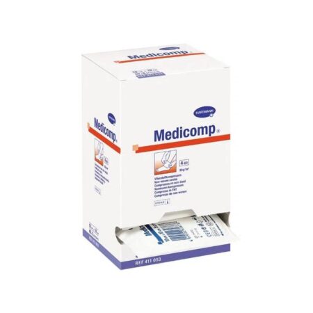Caixa de Compressas Esterilizadas Medicomp - 2 Unidades sobre fundo branco.