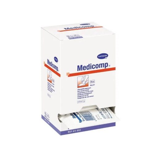 Boîte de compresses stériles Medicomp - 2 unités sur fond blanc.