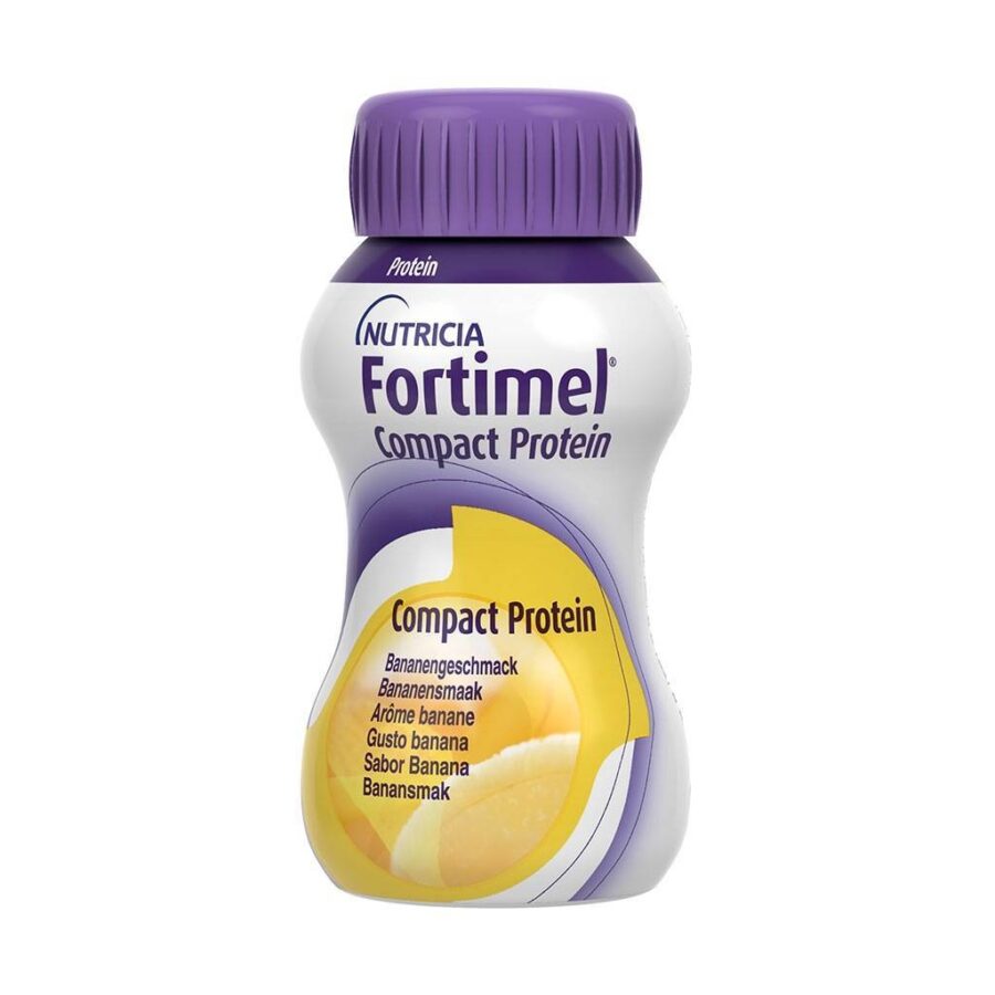 Uma garrafa de Fortimel Compact Protein Banana 4x125ml sobre fundo branco.