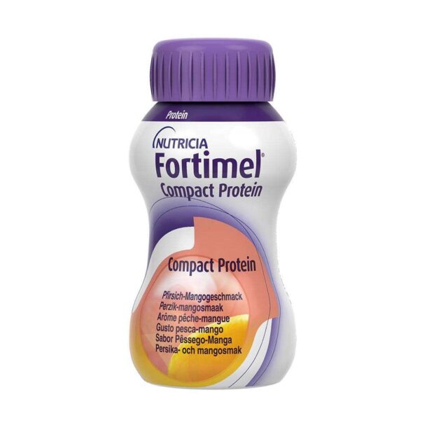 Une bouteille de Fortimel Compact Protein Peach/Mango 4x125ml sur un fond blanc.