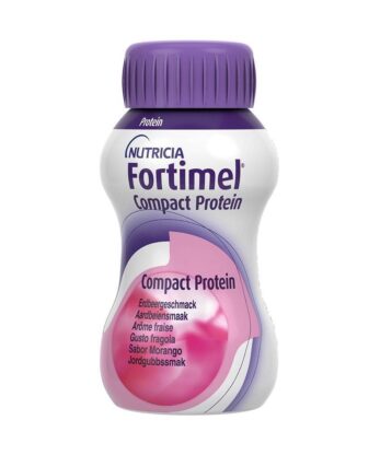 Uma garrafa de Fortimel Compact Protein Morango 4x125ml.