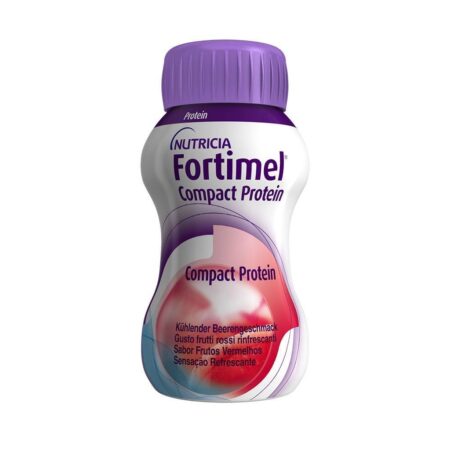 Um frasco de Fortimel Compact Protein Frutos Vermelhos 4x125 ml.