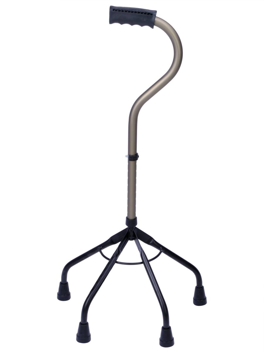 Metal stand with curved handle in Quadripod Pyramid format.