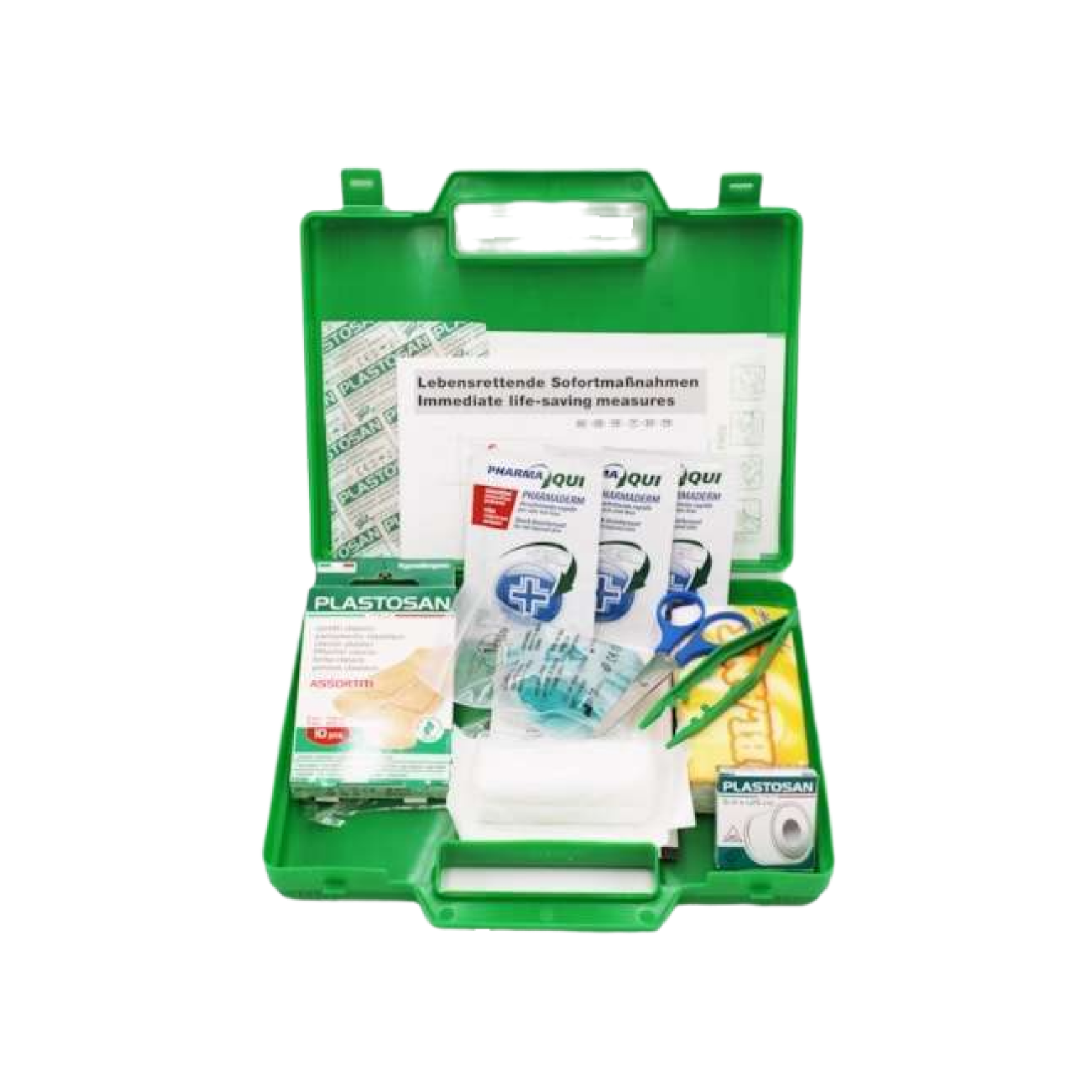 Um kit verde de primeiros socorros contendo bandagens, tesouras, luvas, fitas adesivas e outros suprimentos médicos. A tampa do kit exibe texto em vários idiomas sobre medidas imediatas de salvamento de vidas.