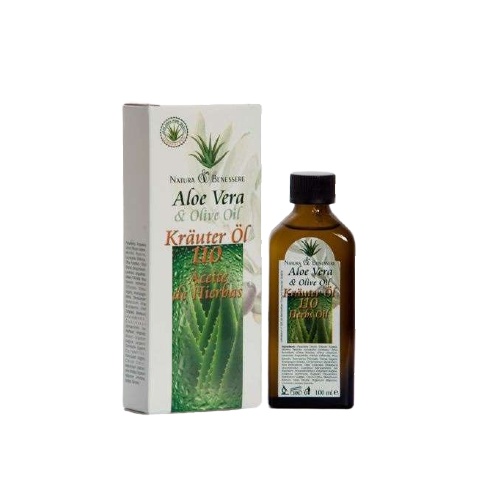 Un pequeño frasco marrón con la etiqueta "Aloe Vera & Olive Oil Kräuter Öl 110 Active 10 Herbs" junto a una caja de cartón blanca con la misma etiqueta y una imagen de hojas de aloe vera.