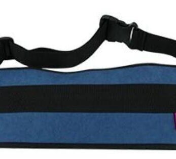 Cinturón de silla de ruedas azul y negro con banda negra.