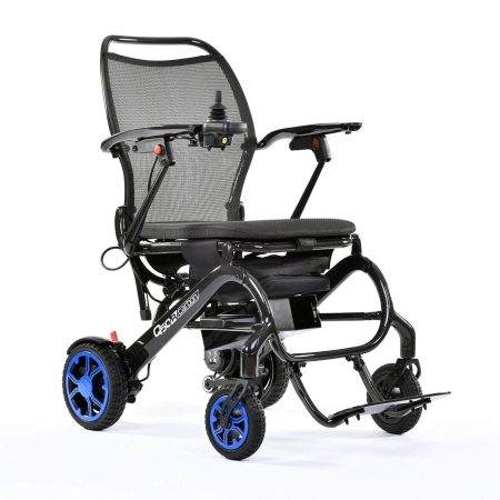 A black and blue Q50r Carbon Electric Wheelchair with wheels on a white background.