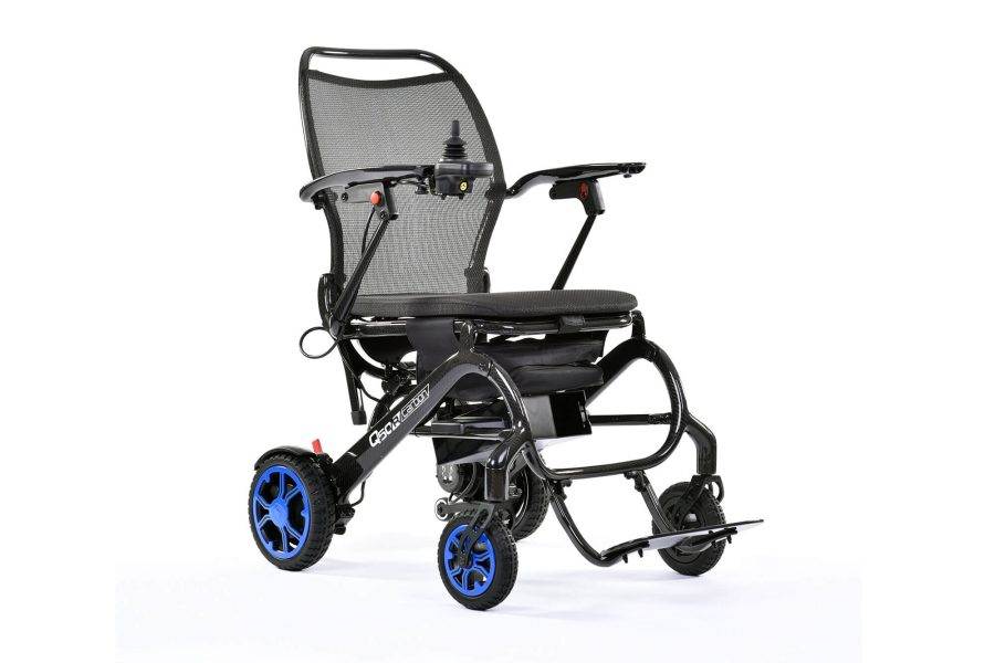 A black and blue Q50r Carbon Electric Wheelchair with wheels on a white background.