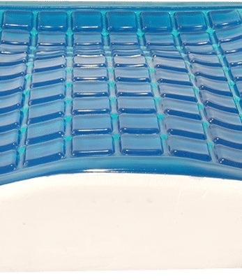 Frase con el nombre del producto: Cojín antiescaras EvoGel azul y blanco sobre fondo blanco.