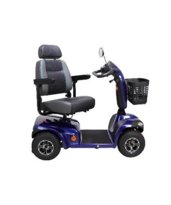 Un scooter Orthos XXI Compact Deluxe 700 bleu avec un panier.