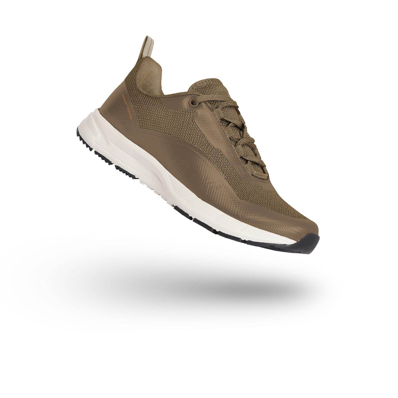 A single brown sports shoe with a white sole and black details hangs in the air against a plain white background.