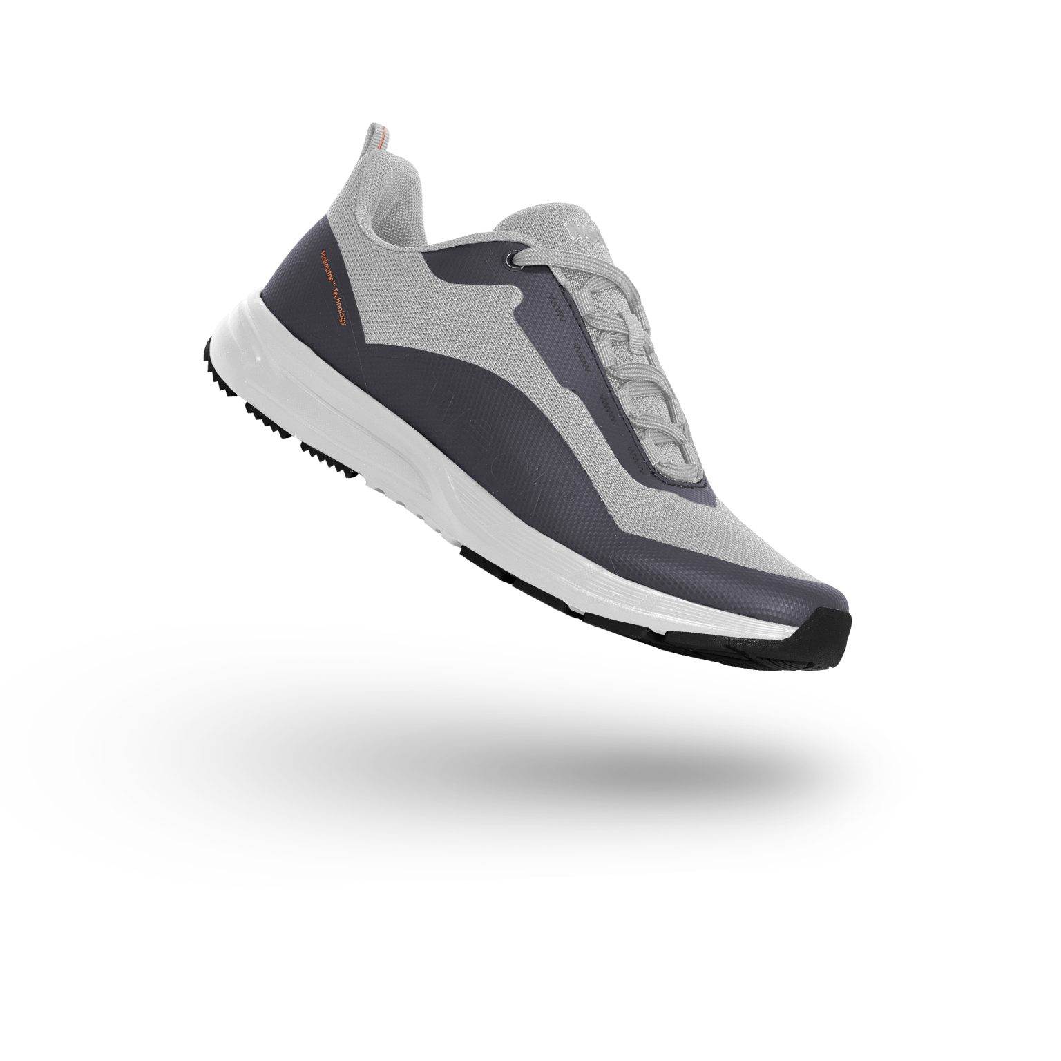 A gray and white sports shoe with black details is shown in a diagonal view, giving the appearance of floating on a white background.