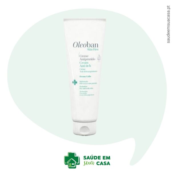 Um tubo de Oleoban Creme Antiprurido 100g com um balão branco.