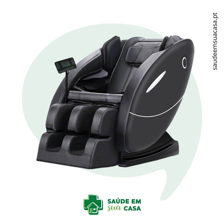 Phrase with product name: A black Poltrona Shiatsu chair with the word massage on it.