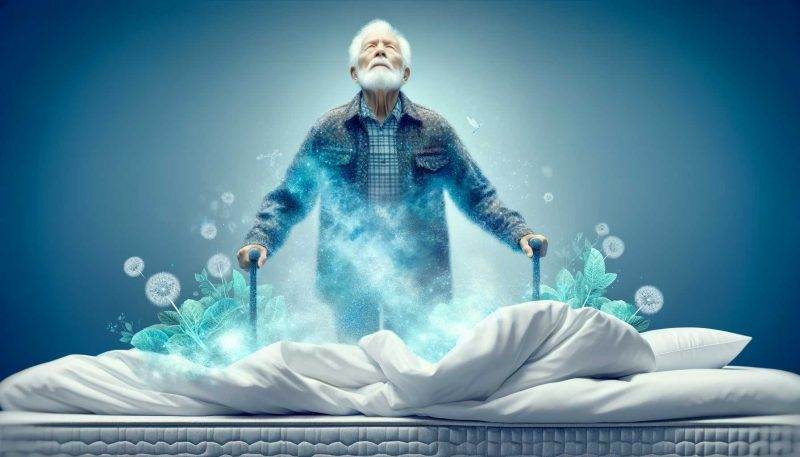 An old man standing on a bed with a cloud in the background.