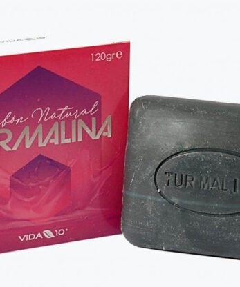 Una pastilla de jabón de turmalina natural de 120 g con una caja en la parte delantera.